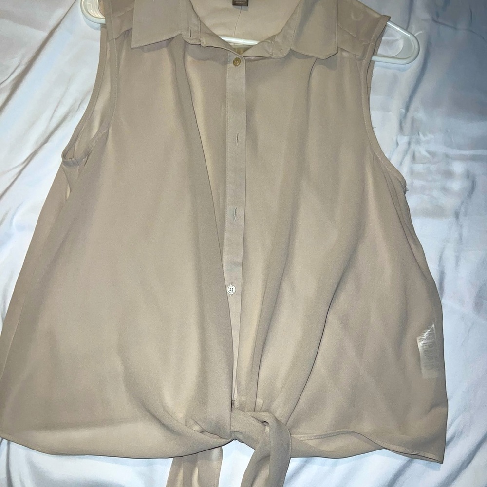 Sheer taupe tank top with tie front